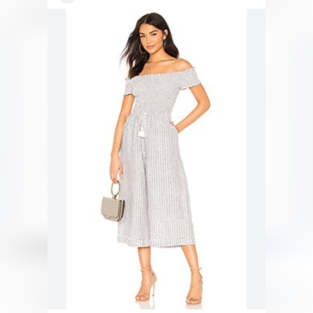 1 State Off Shoulder Smocked Bodice Jumpsuit in Ocean Slate . Sz Large